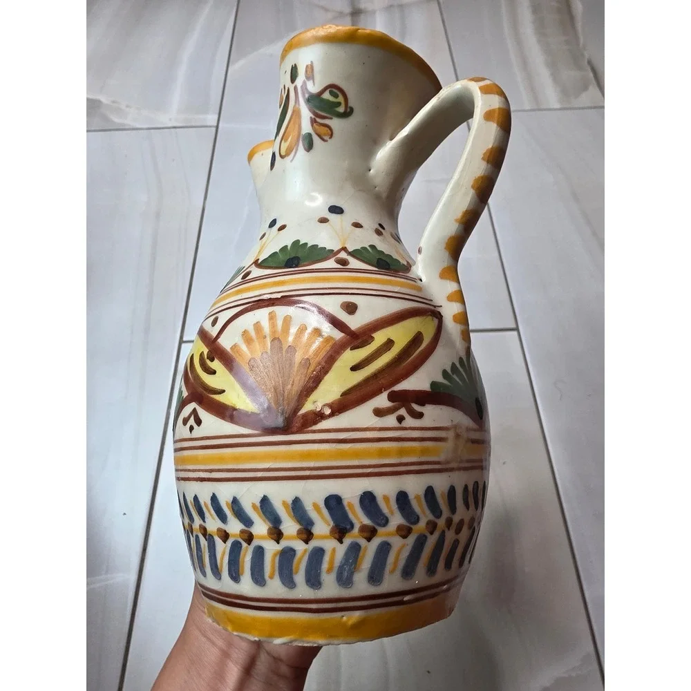 Vintage Toledo G.M. Spanish Hand‎ Painted Ceramic Pitcher Pottery Spouted Jug E1